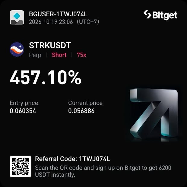 Tangkapan layar posisi Bitget STRKUSDT Short leverage 75x, ROI +457,10%